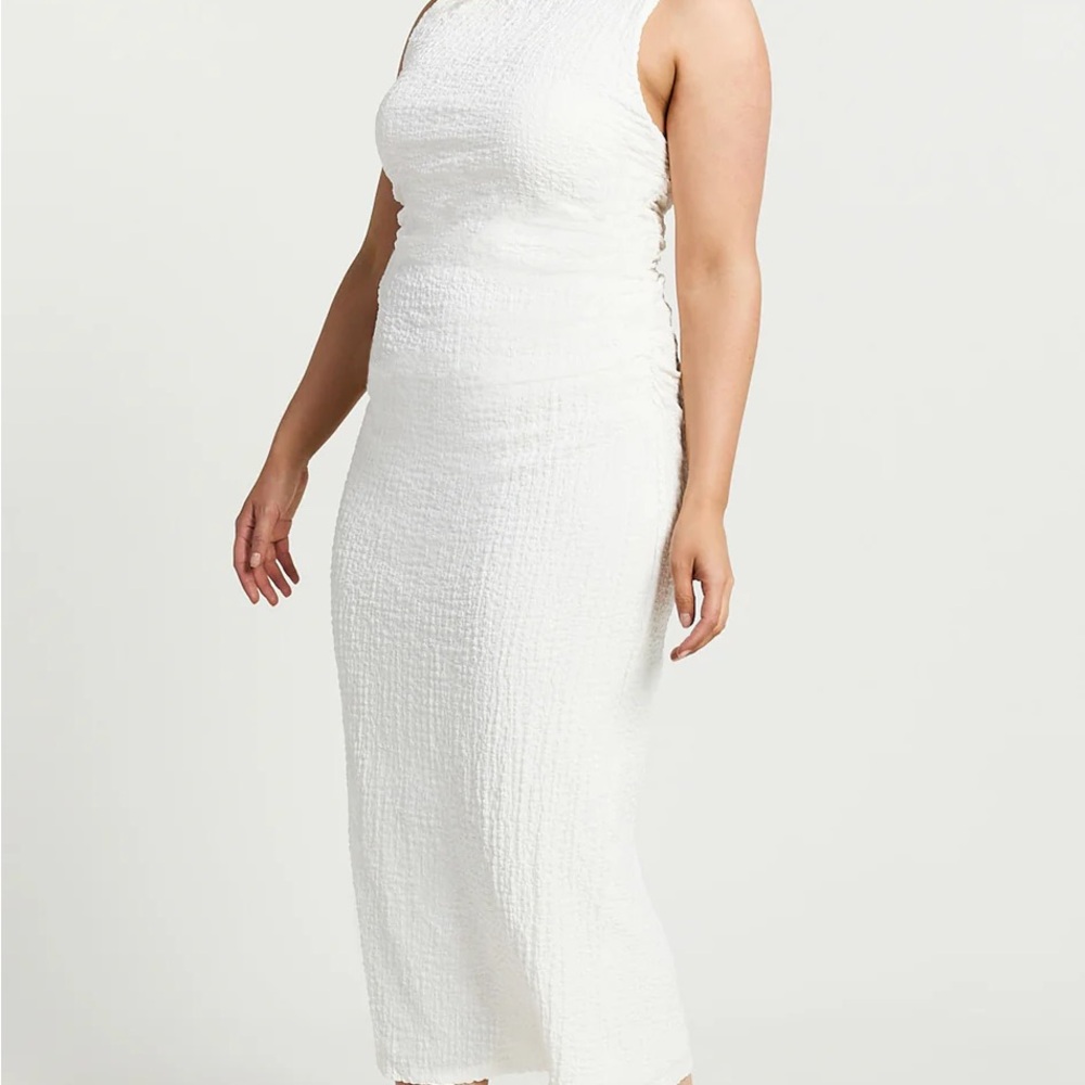 Showpo ALEKS MIDI DRESS - HIGH NECK BODYCON DRESS IN OFF WHITE